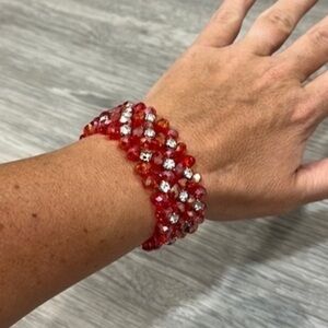 Women’s Crystal Beaded Stretch Bracelet Red and Silver Diamond Sparkle